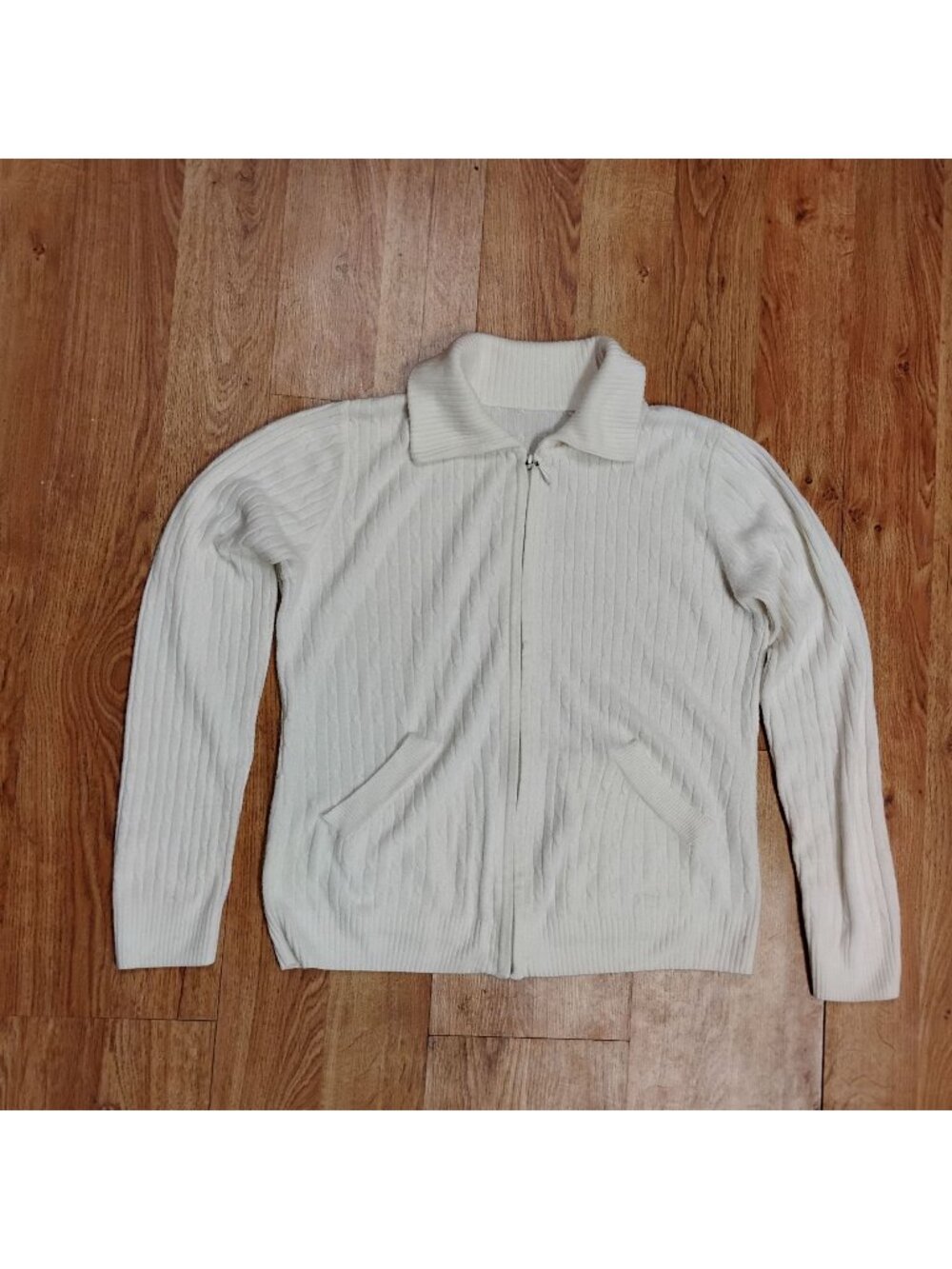 Cream Cashmere Cable Knit Zip Up Cardigan Sweater Womens L
